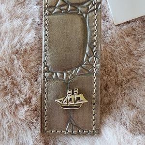 Brahmin Schooner Luggage Tag Genuine Leather Melbourne Metallic Taupe Gray